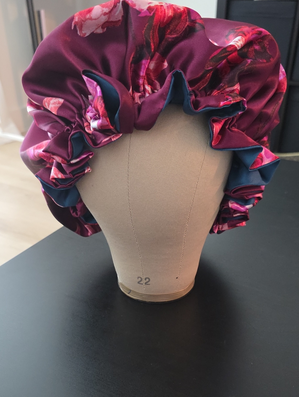 Handmade Hair Bonnet In Plum Floral Print